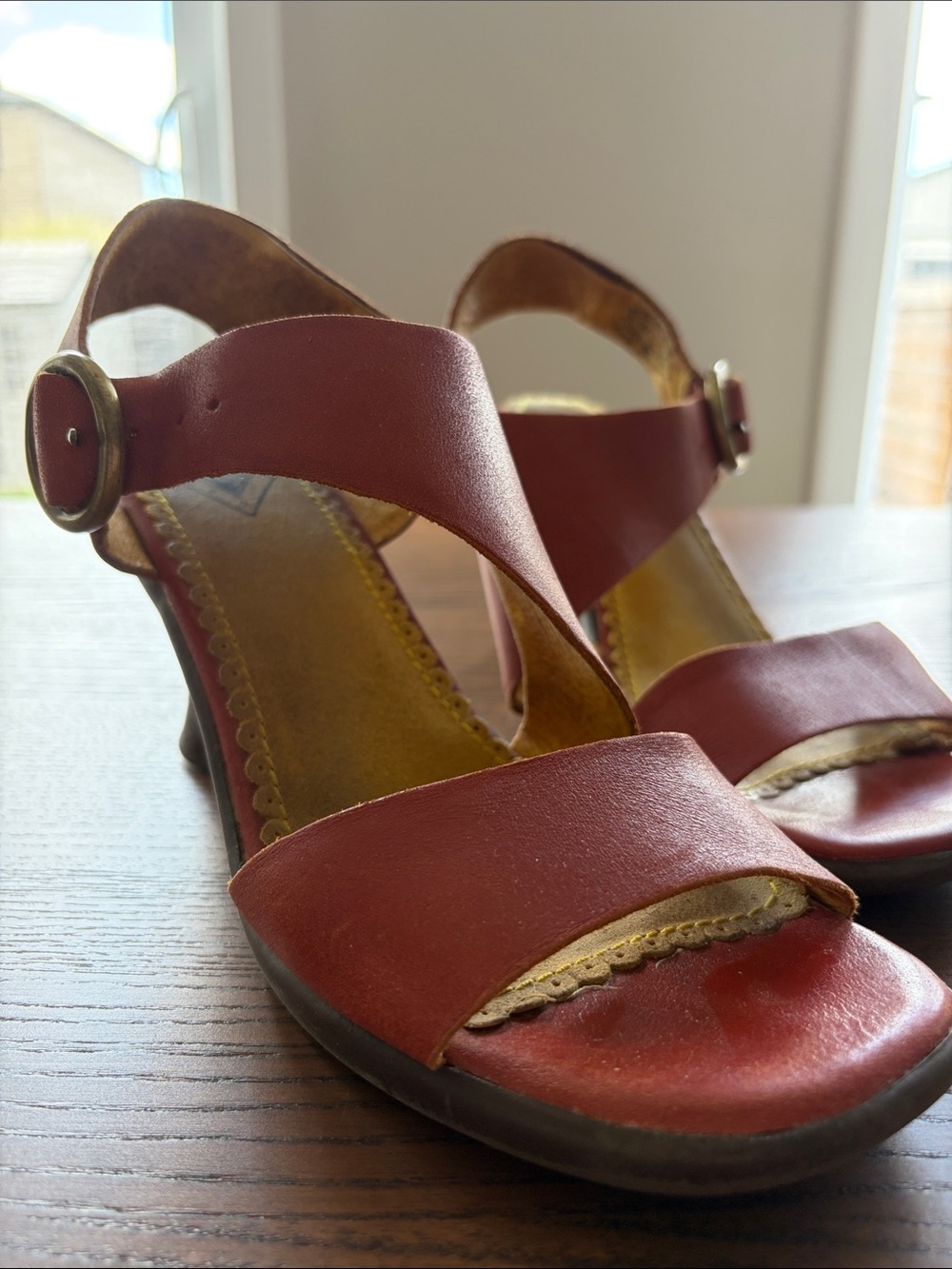 Fluevog Gloria Women's orange/red Strappy Mid-Heel Sandals (project shoes)